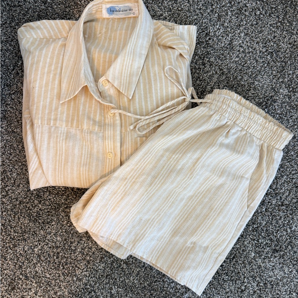 Beige Striped Button Down Shirt and Short Set